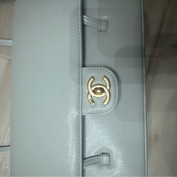 CHANEL Light green/grey Leather Shoulder Bag with Gold Logo - Picture 9 of 10